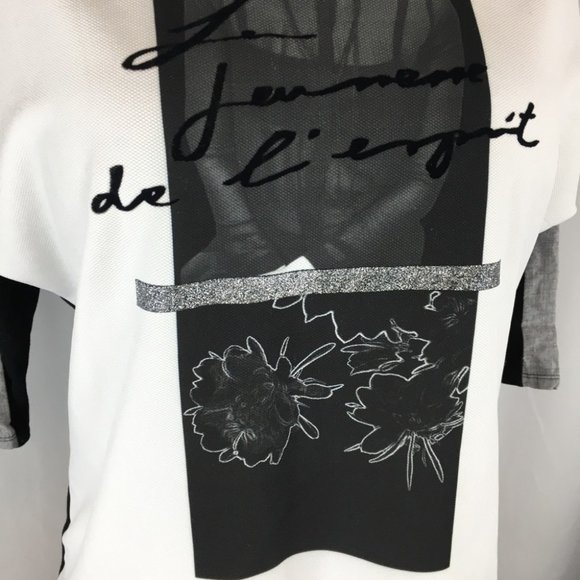 3/$30 Zara Woman Graphic 3/4 Sleeve Mixed Material Top Size S - Picture 3 of 12